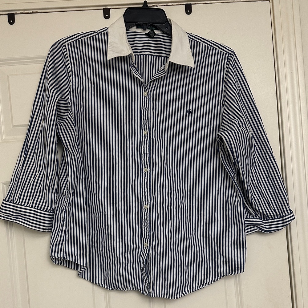 Lauren Ralph Lauren Striped Botton Down Logo Shirt Size XL (Fits like 1X) EUC